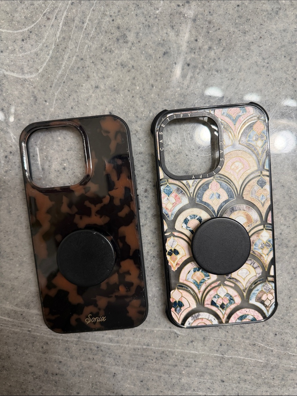 iPhone 13 Pro Sonix Tortoise Shell AND Casetify case with Black PopSockets